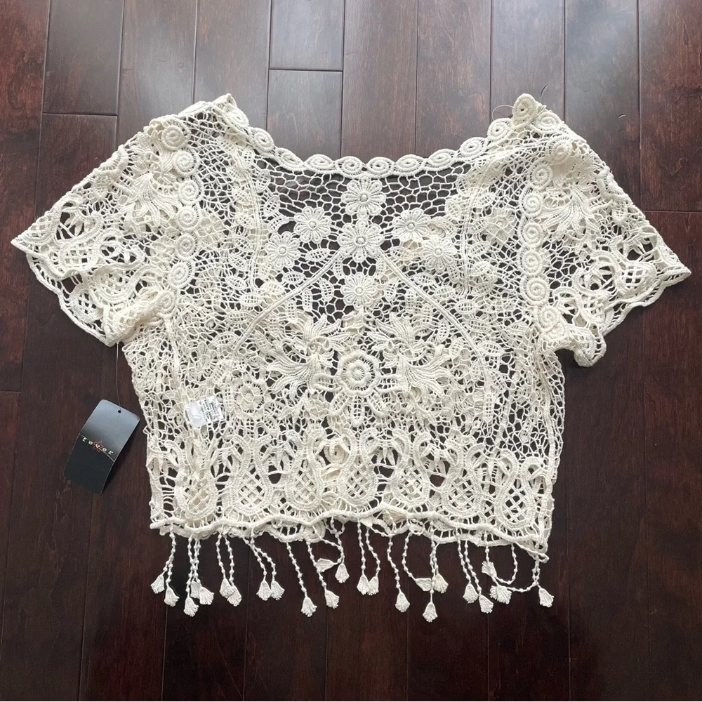 Fever Women’s Lace Mesh Cover Up Open Front Top Cream White Size Medium NWT - Picture 5 of 6